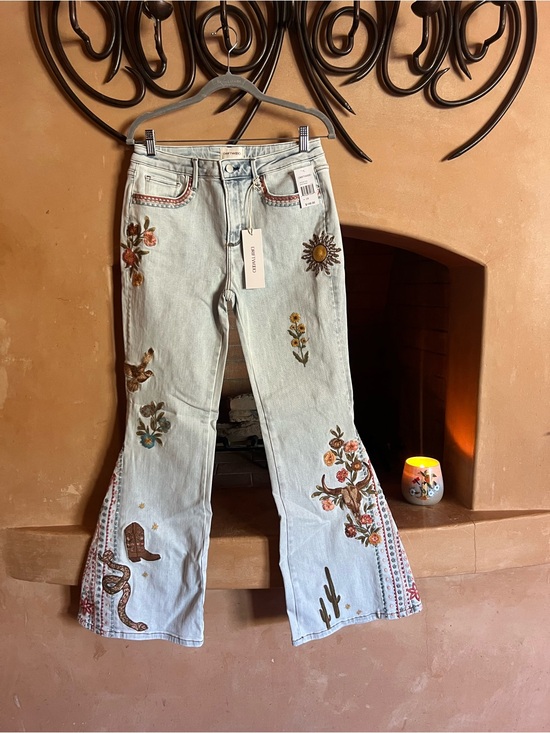 DRIFTWOOD Denim - DRIFTWOOD Light Blue Embroidered Flare Jeans with Western & Floral Motifs